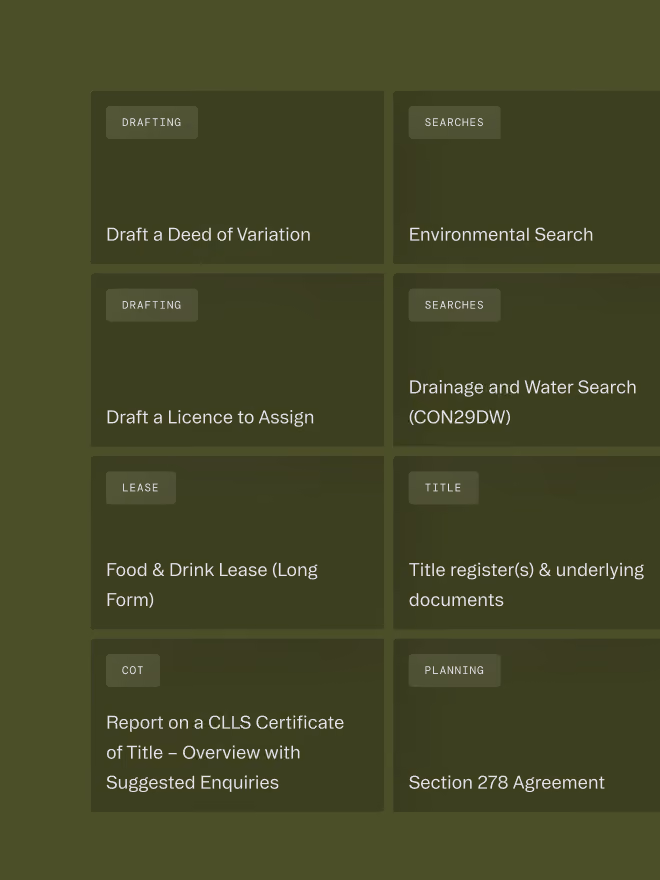 Grid of legal tasks including drafting deeds, searches, leases, title documents, certificates, and planning agreements.