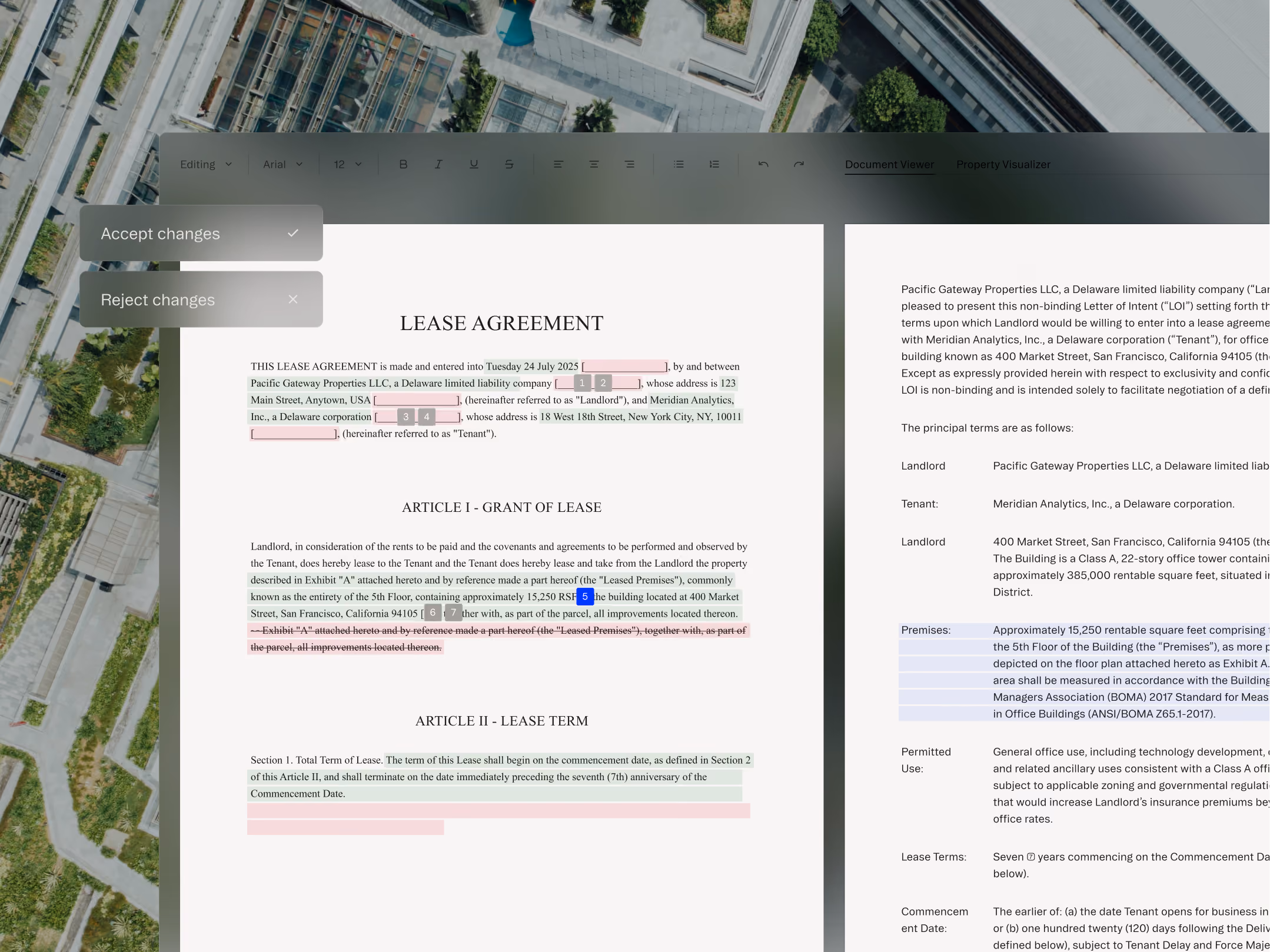 Computer screen showing a lease agreement document with tracked changes overlay on an aerial cityscape background.