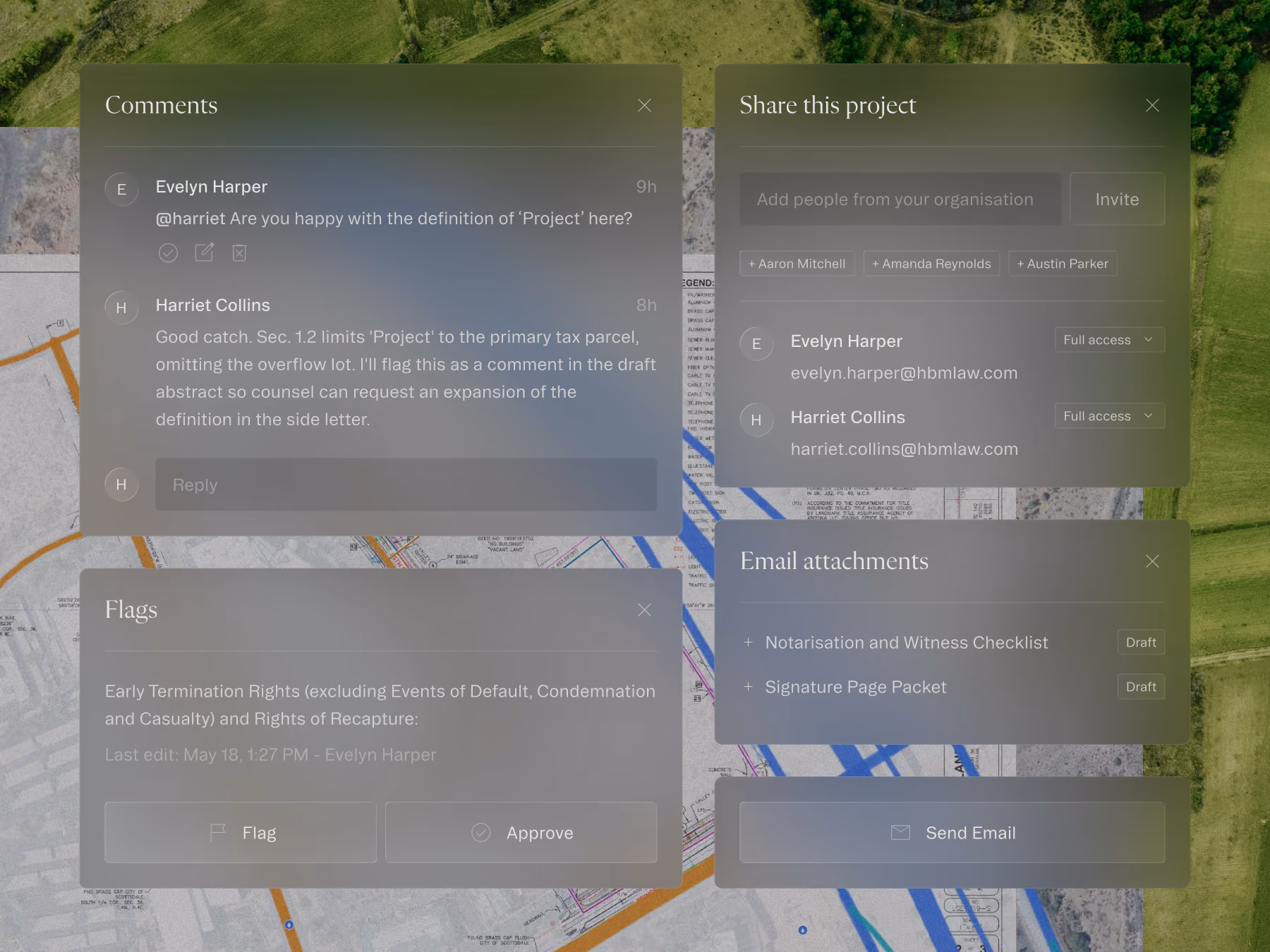 User interface showing comments, project sharing, flags, and email attachments overlaid on a map.