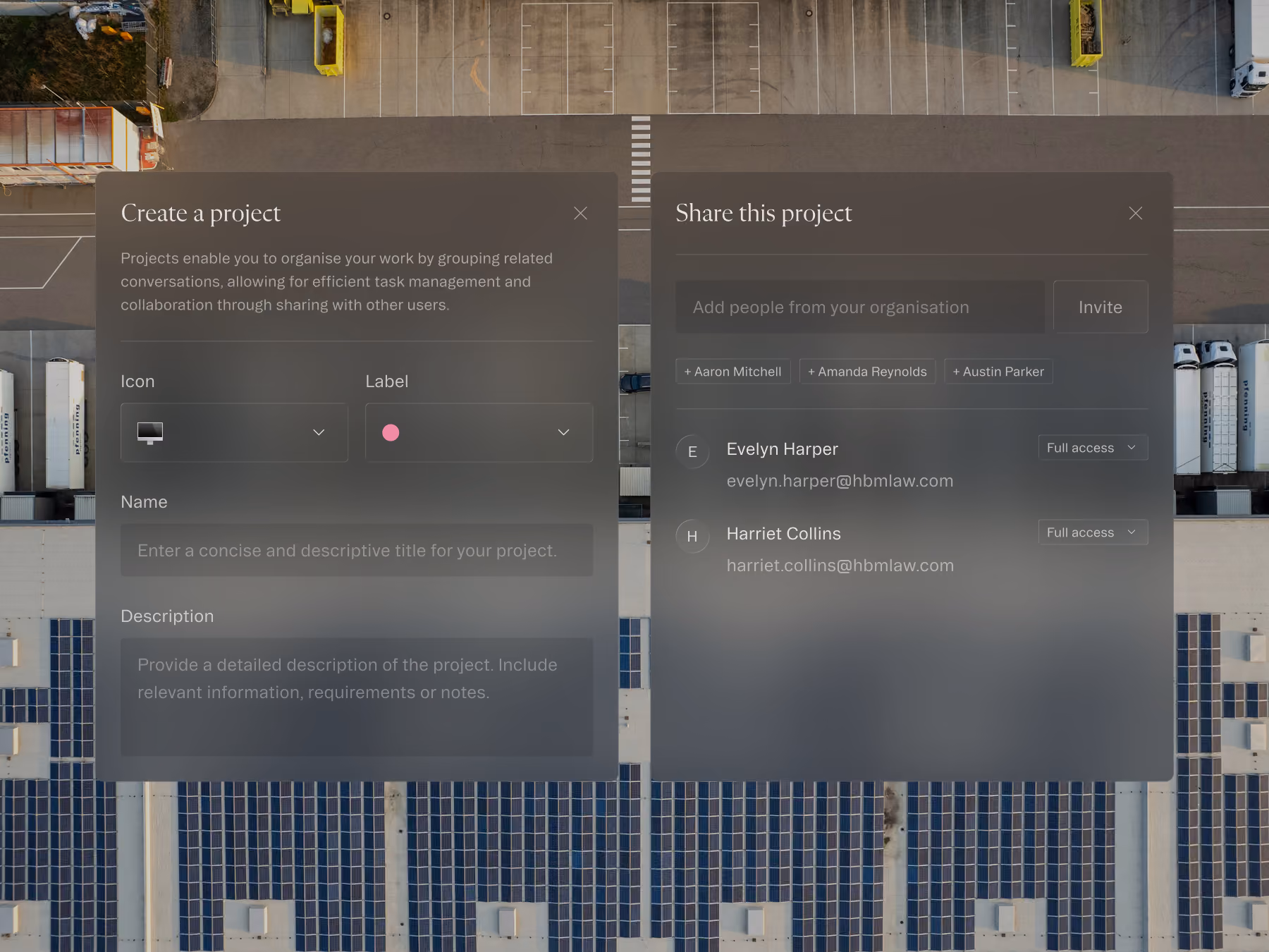 Overlay of project creation and sharing interface on aerial view of parking lot and solar panels.