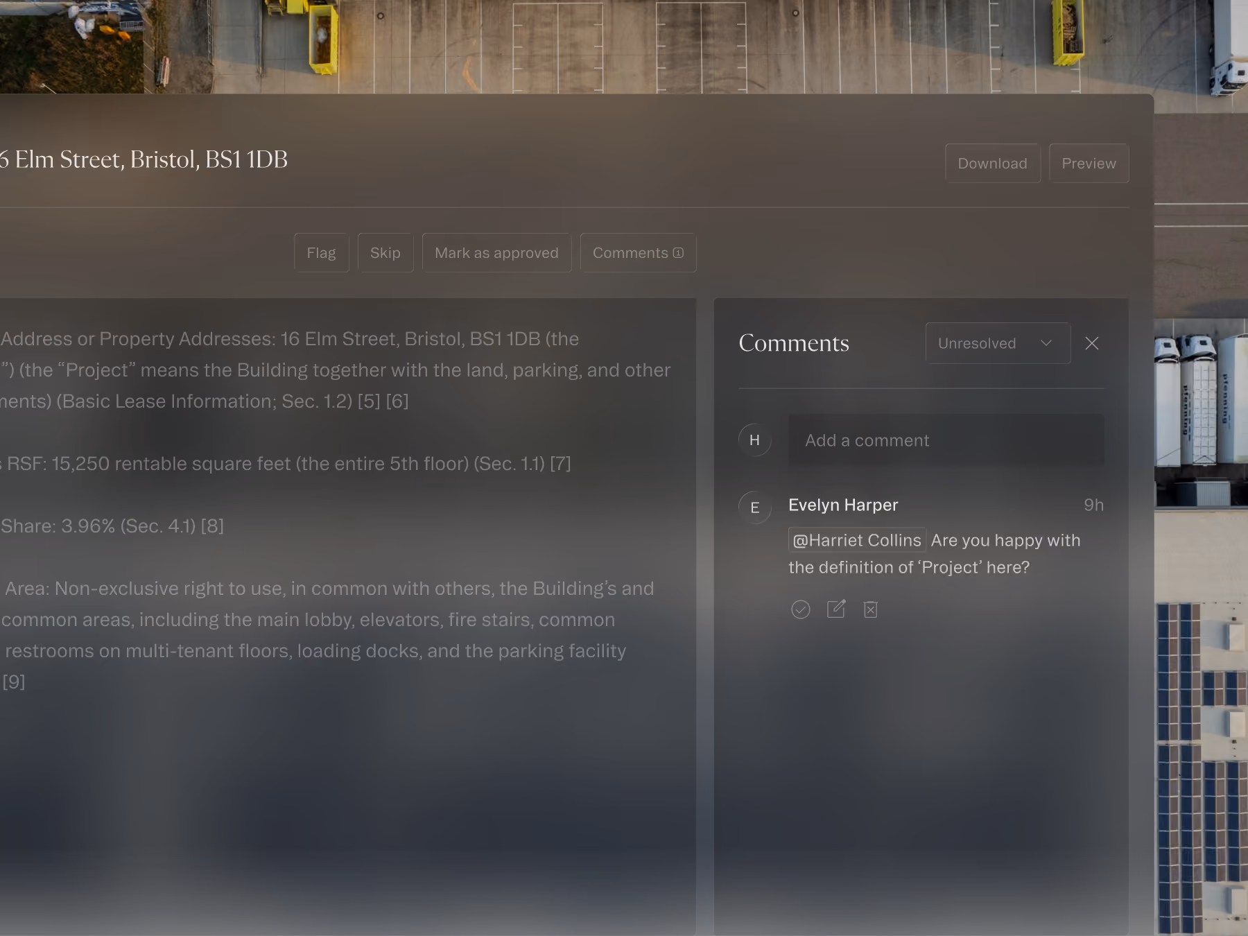 Screen showing a document section with a comment by Evelyn Harper tagging Harriet Collins about 'Project' definition.