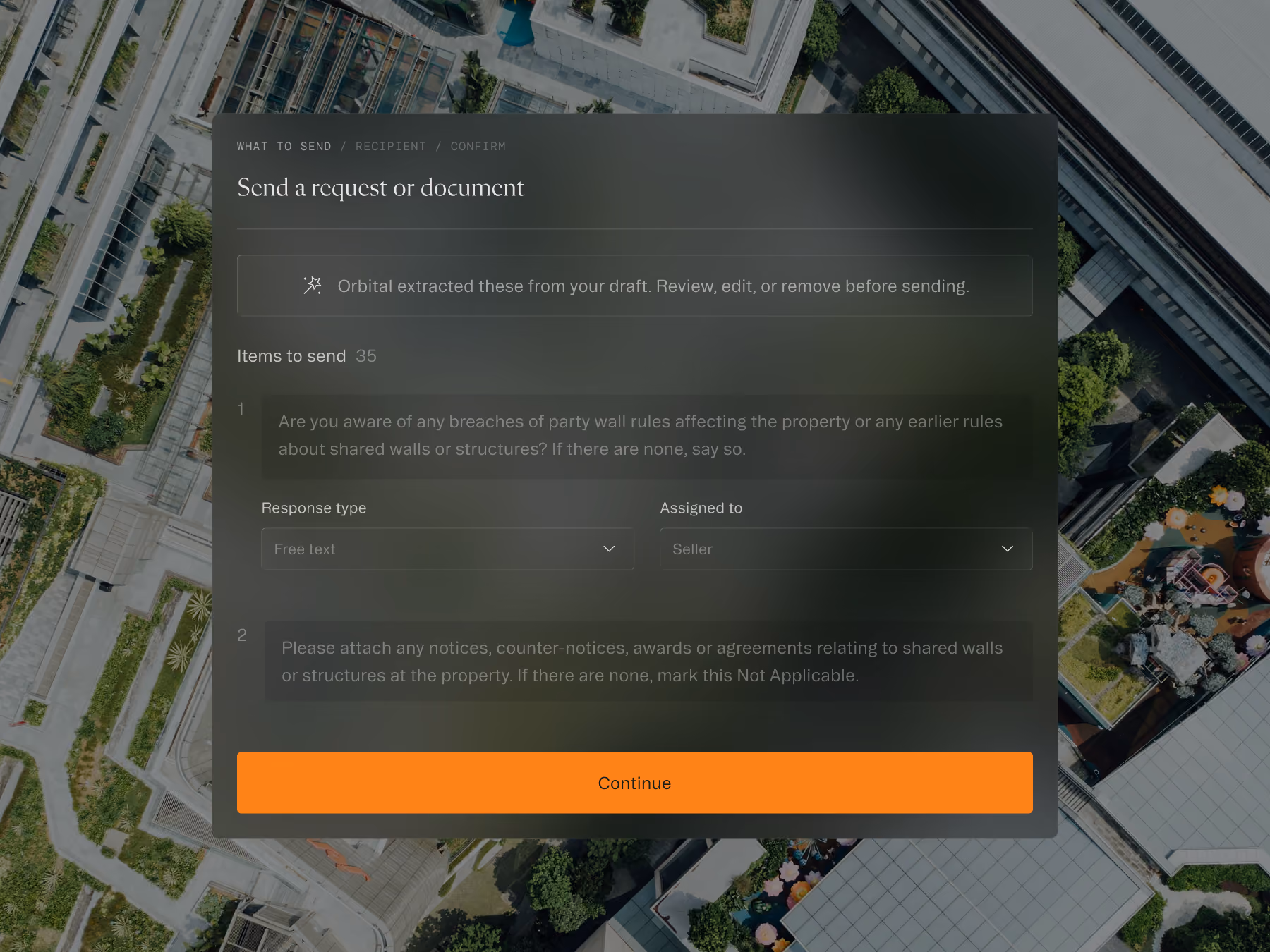 Screen for sending a request or document with editable items and a bright orange Continue button.