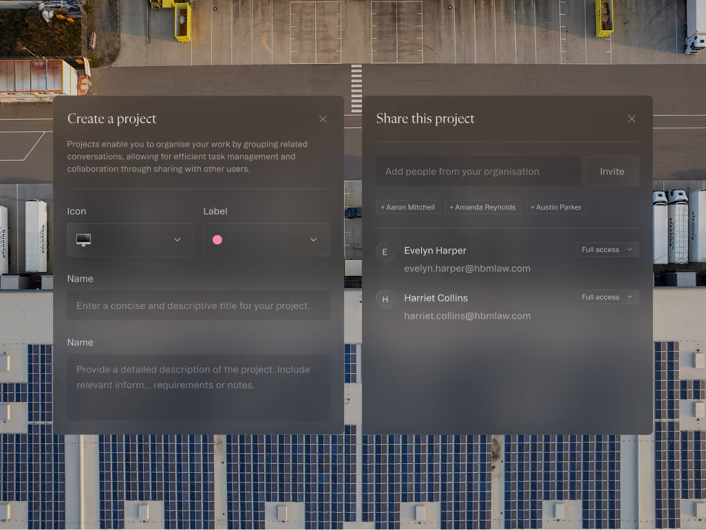 User interface for creating and sharing a project with fields for icon, label, name, description, and user access.