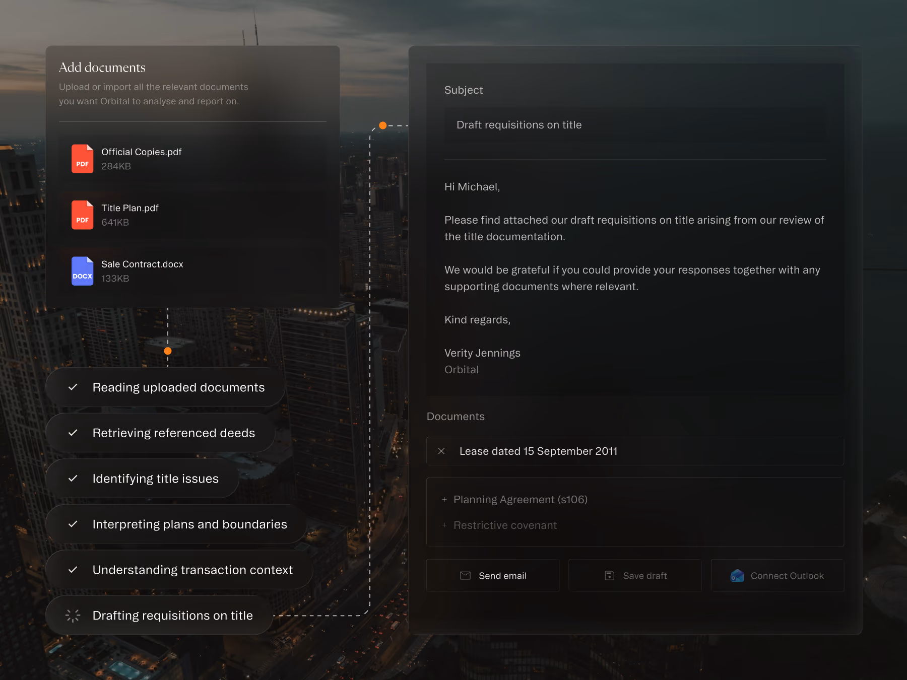 Interface showing document upload, checklist of tasks, and draft email about title requisitions.