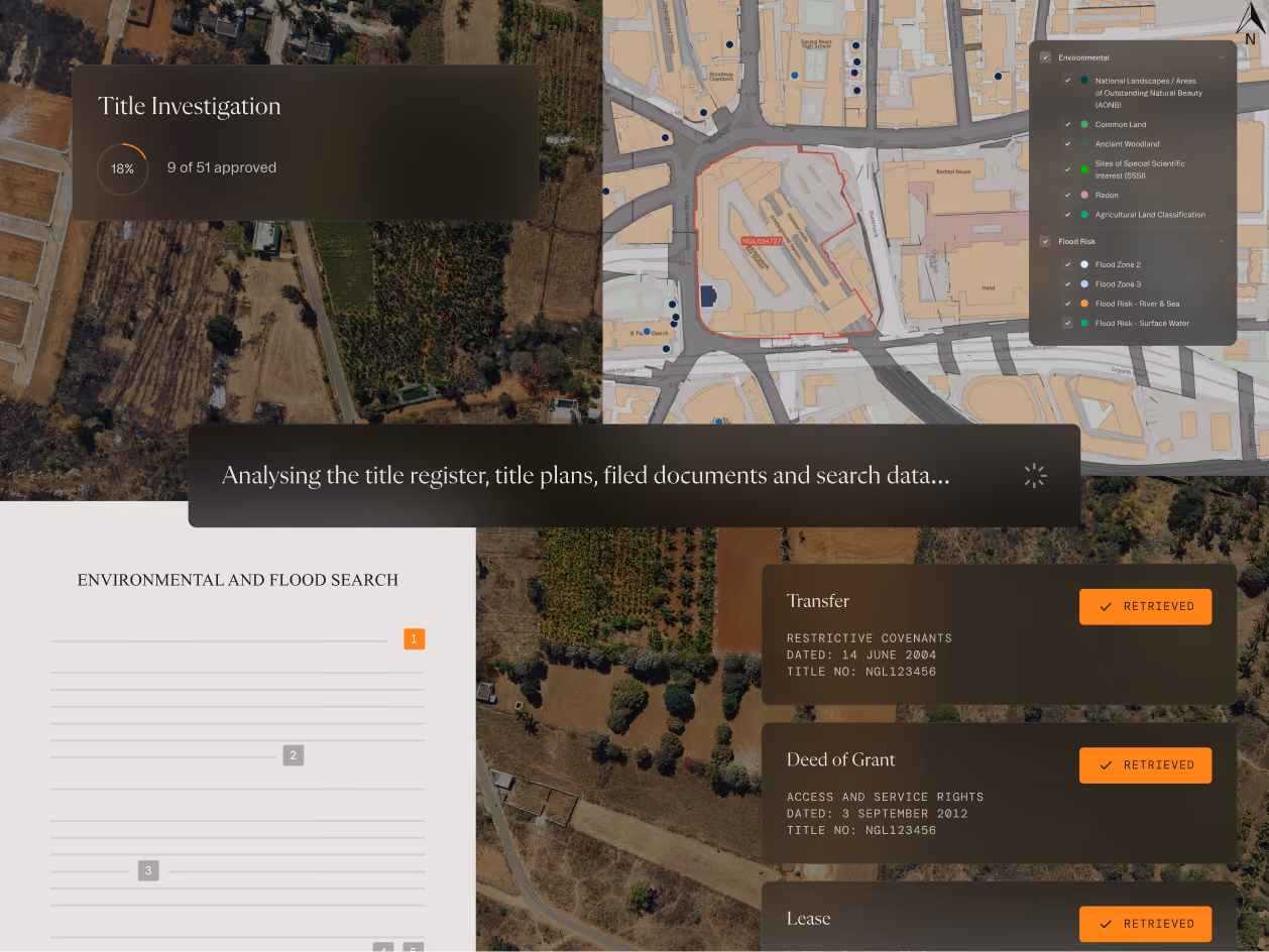 Interface showing land title investigation progress, environmental flood search, and map with risk zones.