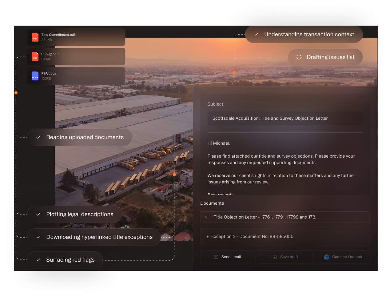 Screenshot of document upload and review interface with files, email draft, and process steps for legal review.
