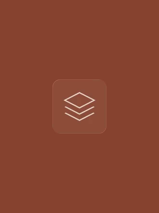 Stacked layers icon in beige on a brown square with rounded corners and a brown background.