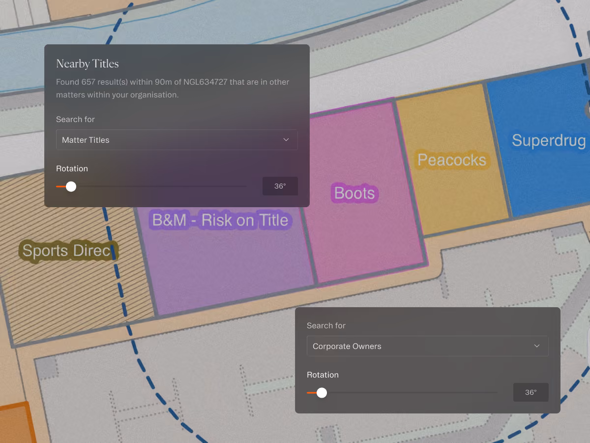 Map with store blocks labeled Boots, Peacocks, Superdrug, Sports Direct, and B&M with control panels for search and rotation.
