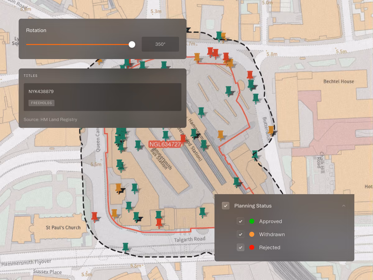 Map with planning status pins: green approved, orange withdrawn, red rejected, around Hammersmith station.