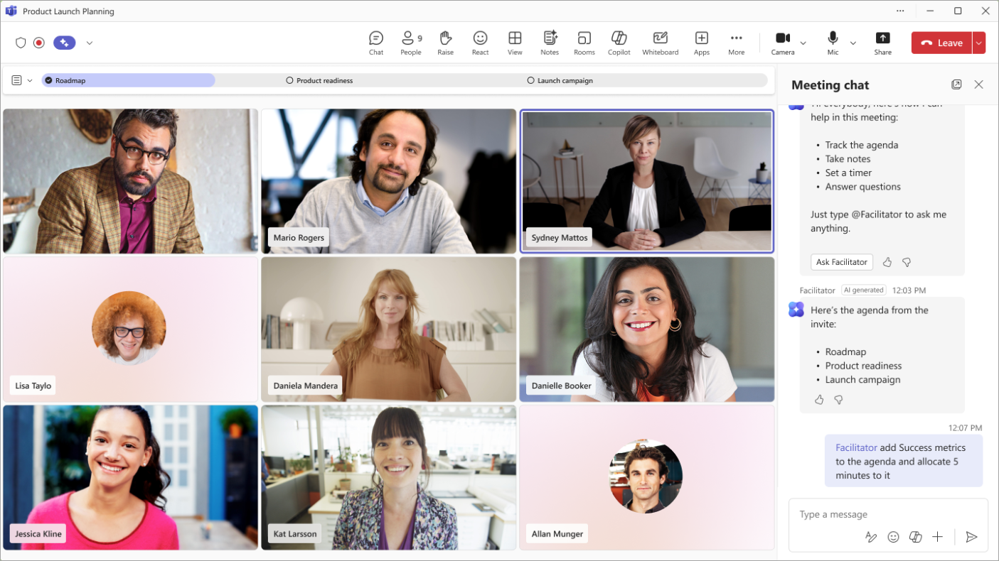Facilitátor a průběžné poznámky během schůzky v Microsoft Teams