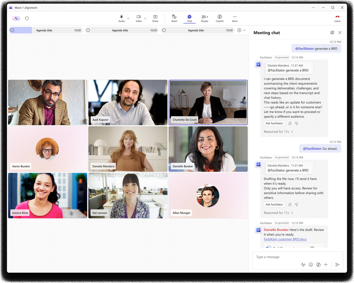 Facilitátor v Microsoft Teams vytváří pracovní dokument z obsahu schůzky