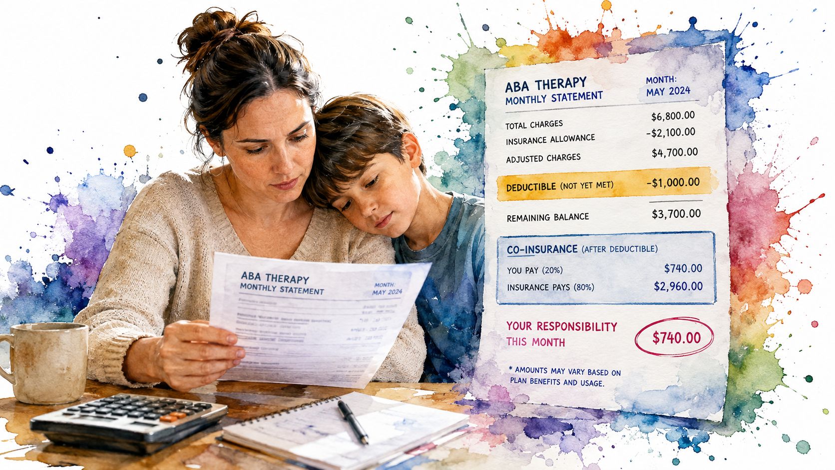 A concerned mother and her son reviewing a monthly ABA therapy statement showing medical costs and expenses.