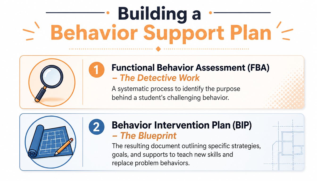 An educational infographic outlining the two-step process of building a behavior support plan for students.