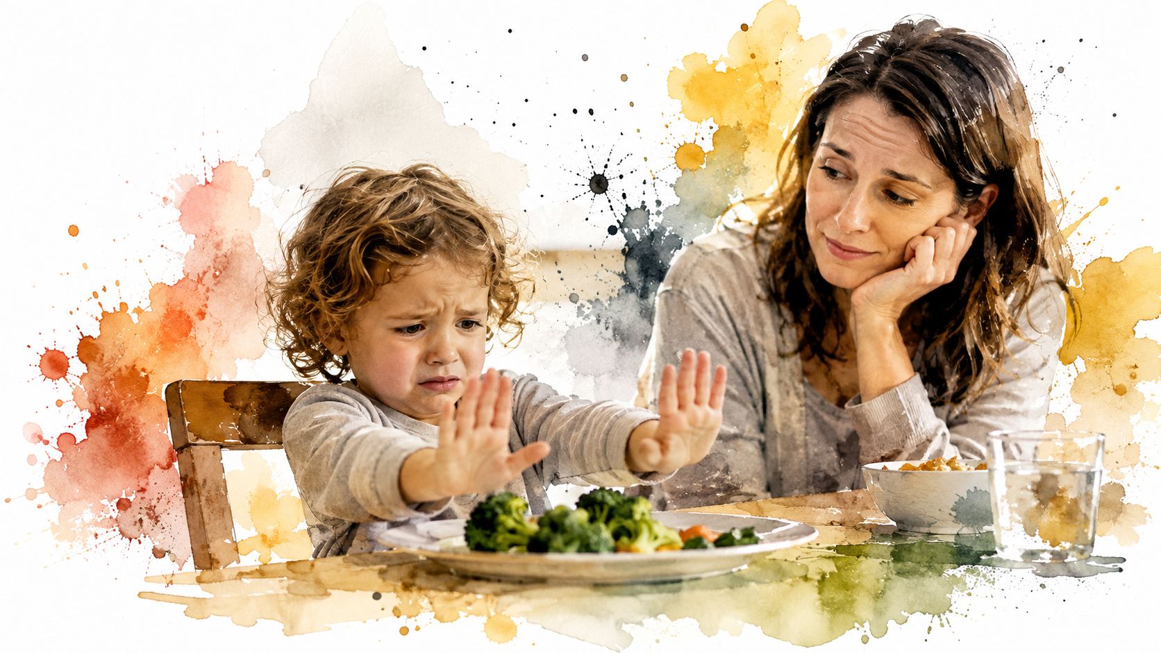A young child gestures to stop their mother while refusing to eat broccoli at the dining table.