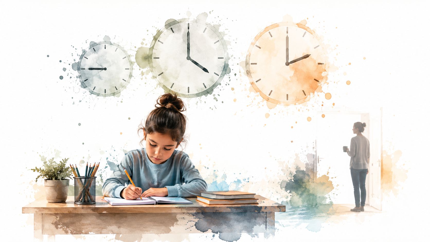 A young girl studying at a desk with three clocks showing different times in the background.