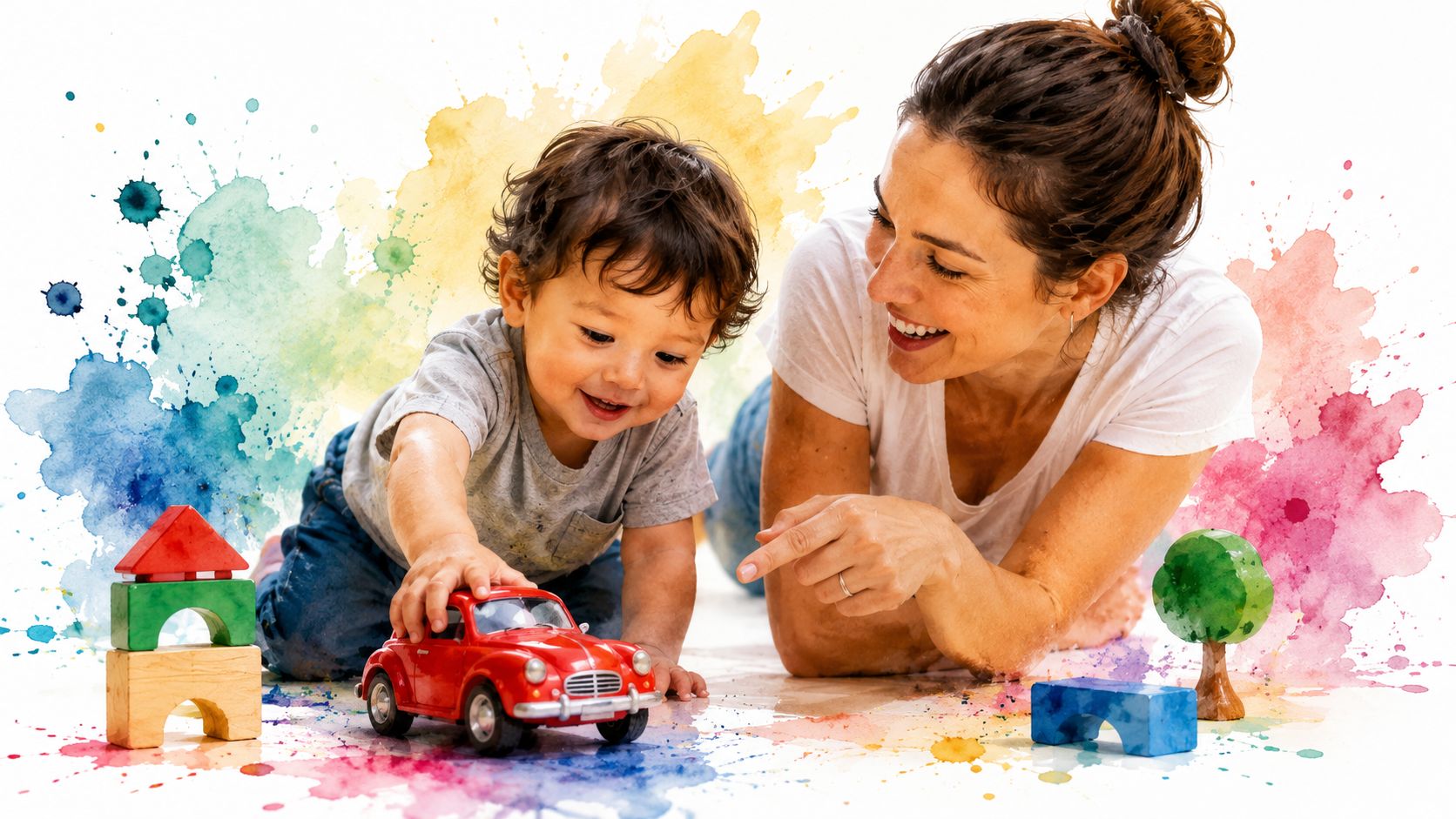 A young mother smiles while playing with her toddler on the floor using a red toy car.