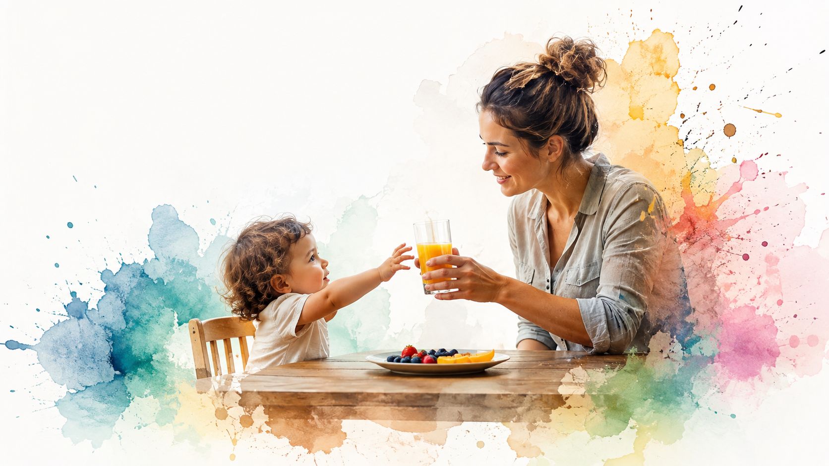 A smiling mother offering a glass of orange juice to her young toddler at a wooden table.
