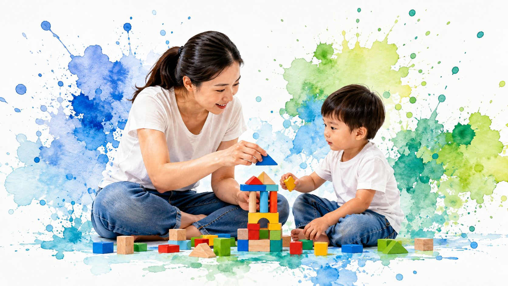 A mother and her young son sitting together on the floor playing with colorful wooden building blocks.