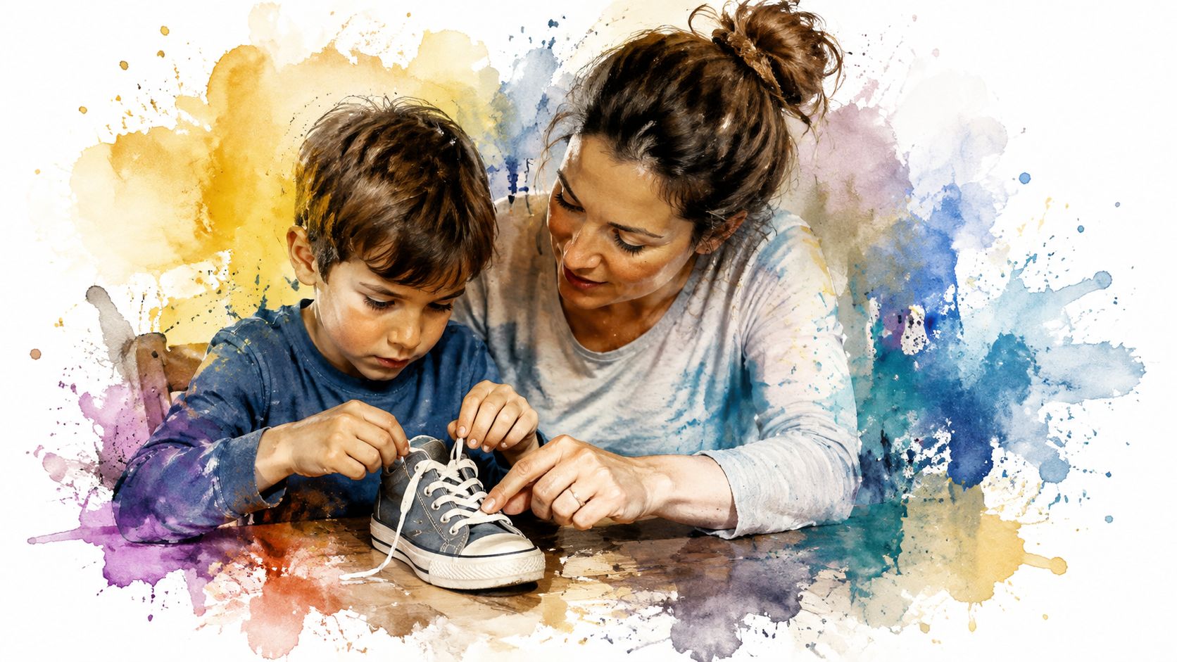 A caring mother teaching her young son how to tie his shoelaces at a wooden table.