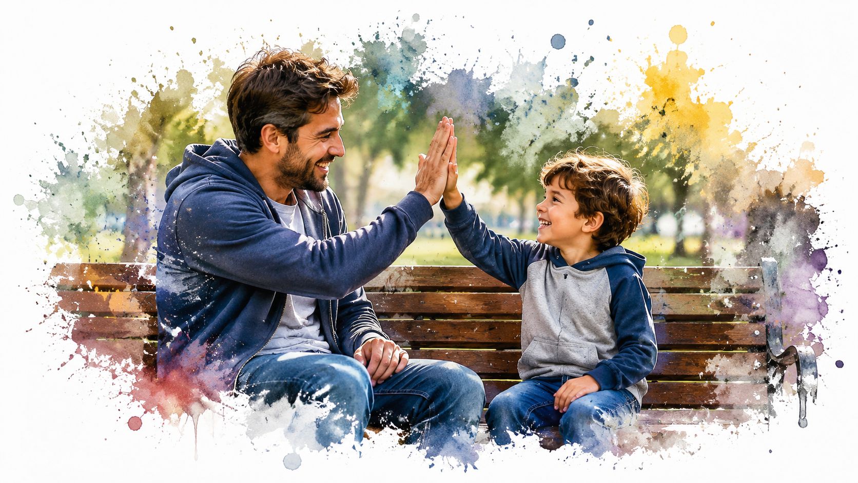 A father and son sitting on a wooden park bench high-fiving during behavioral skill training sessions.