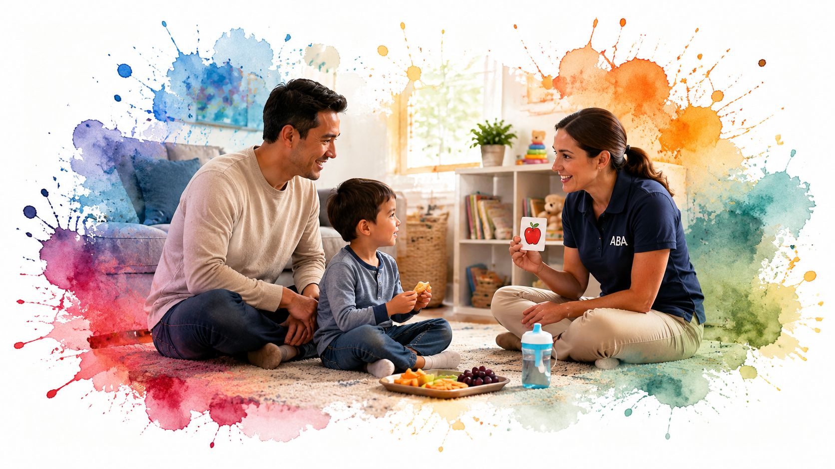A therapist works with a young boy and his father during an in-home ABA therapy session.