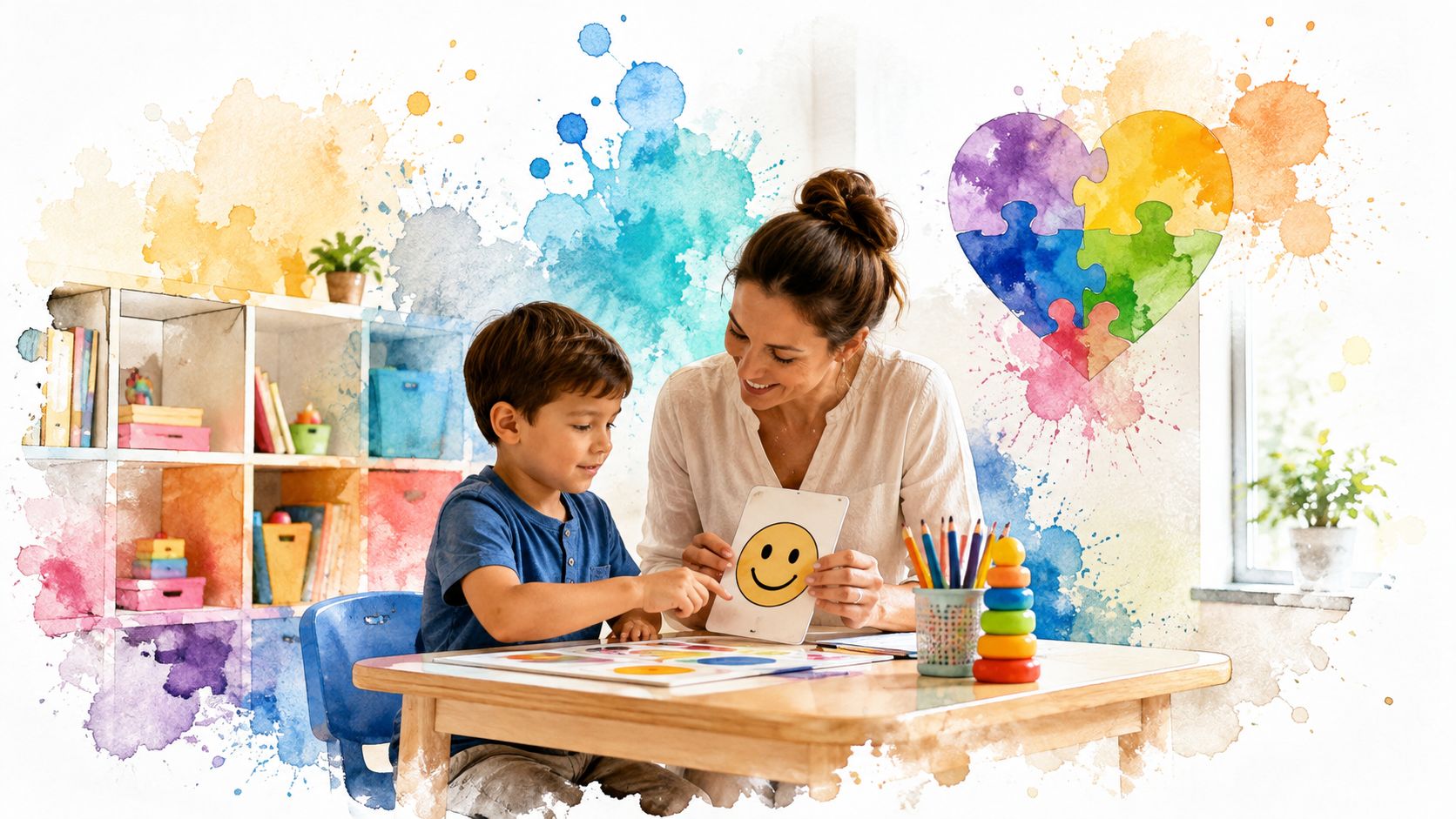 A caring therapist works with a young boy using emotion cards during an ABA therapy session.