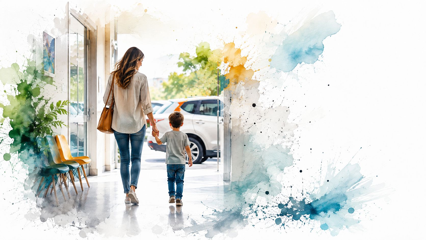A mother and her young son holding hands while walking out of a center for therapy