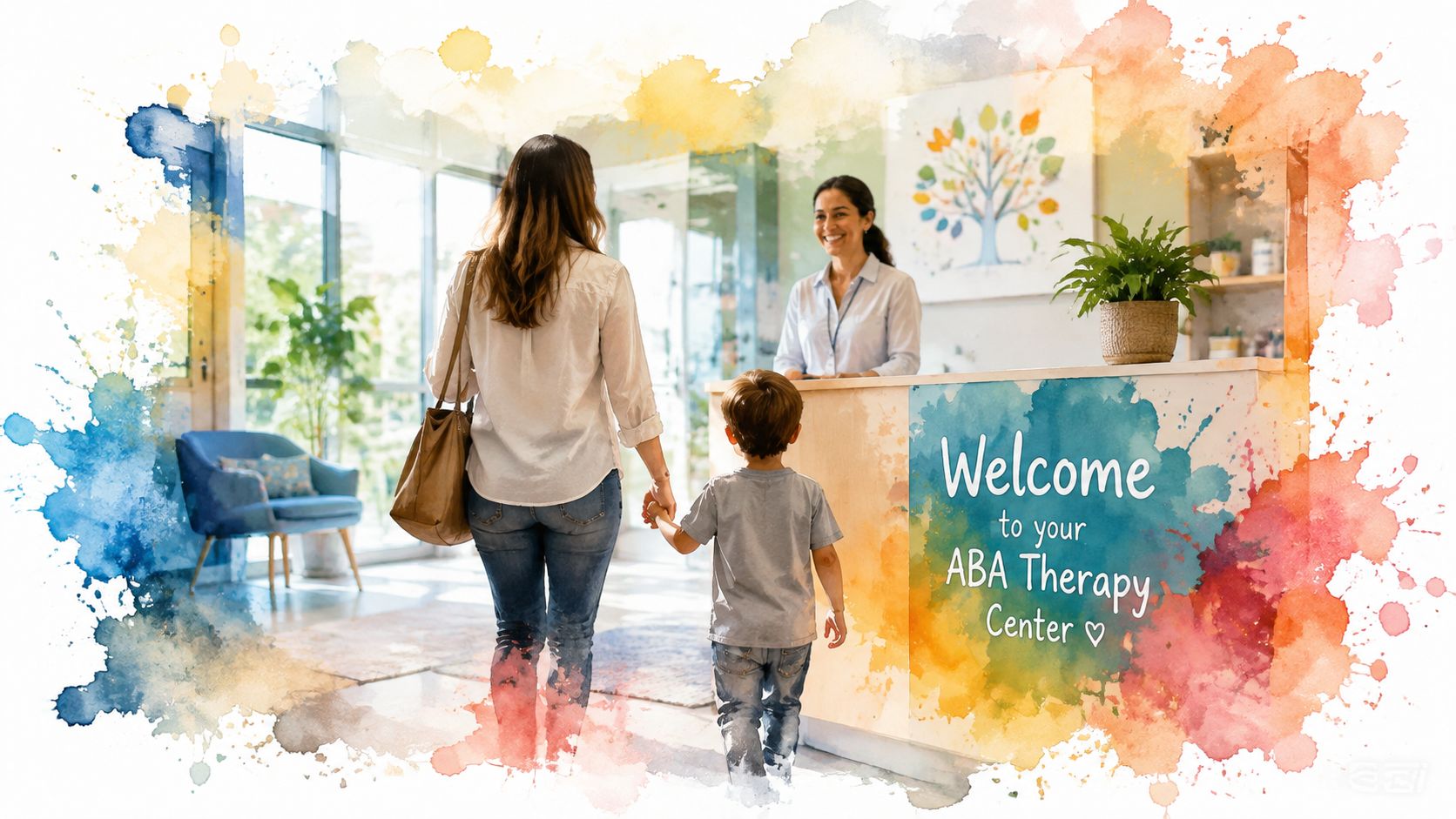 A mother holding her young son's hand while walking toward the reception desk at an ABA therapy center.