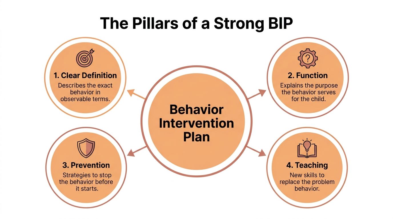 An infographic titled The Pillars of a Strong BIP detailing four key elements of a Behavior Intervention Plan.