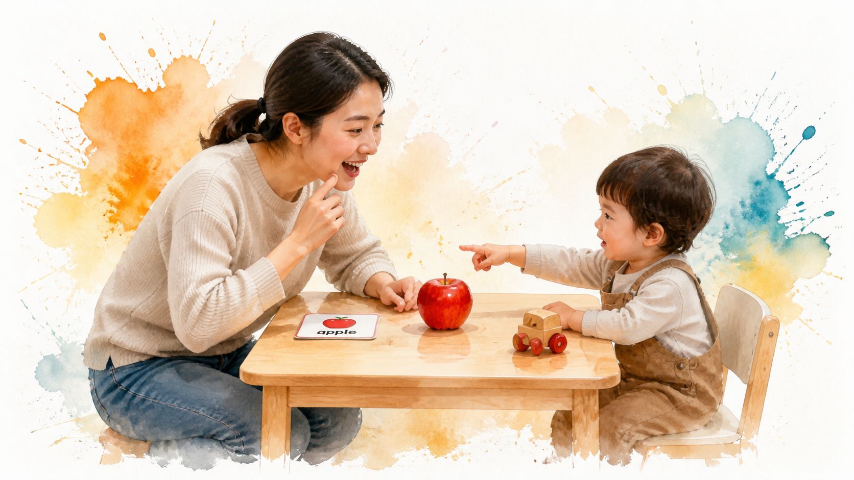A teacher and a toddler sitting at a table with an apple and an apple flashcard.