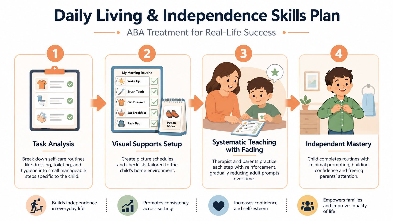 A four-step infographic illustrating an ABA therapy approach to daily living and independence skills for children.
