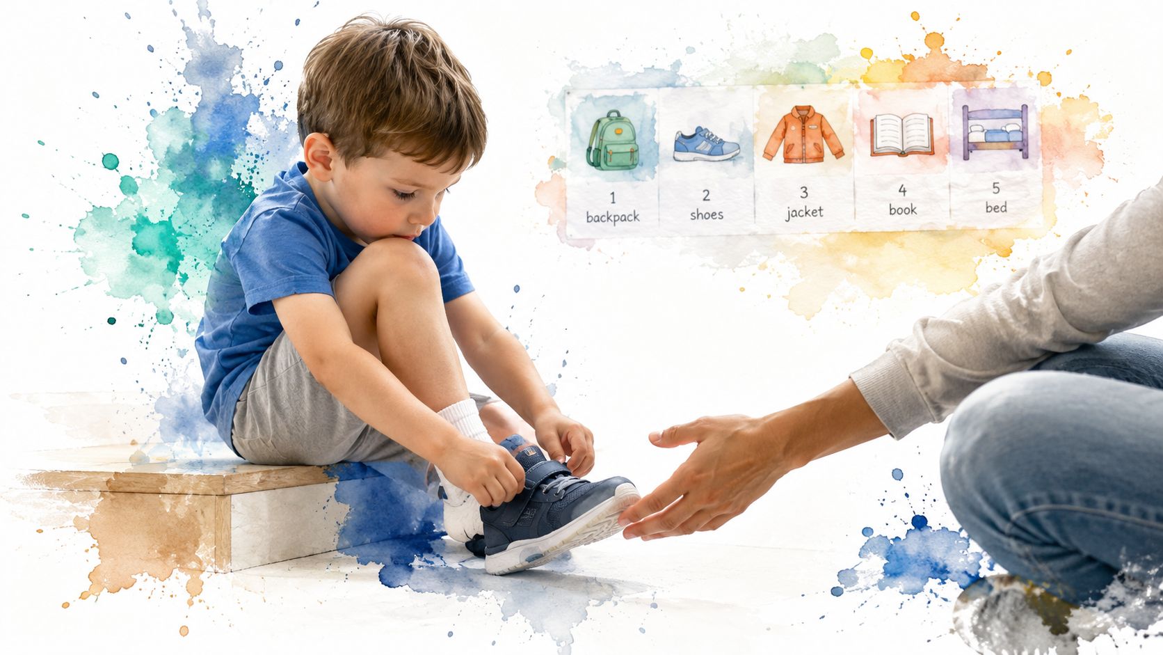 A young boy learning to put on his shoes while receiving guidance from a parent or therapist.