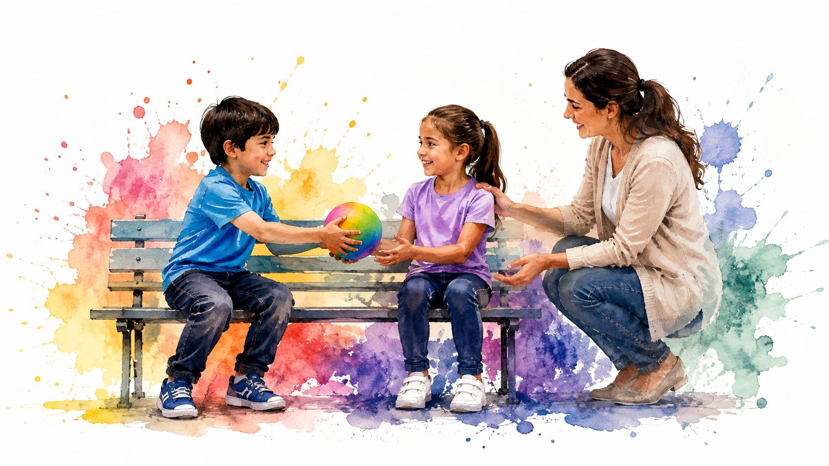 A young boy and girl sitting on a park bench sharing a colorful ball with an adult mentor.