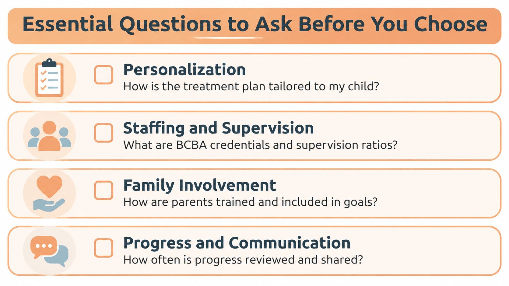 A checklist of four essential questions parents should ask before choosing an ABA therapy provider for their child.