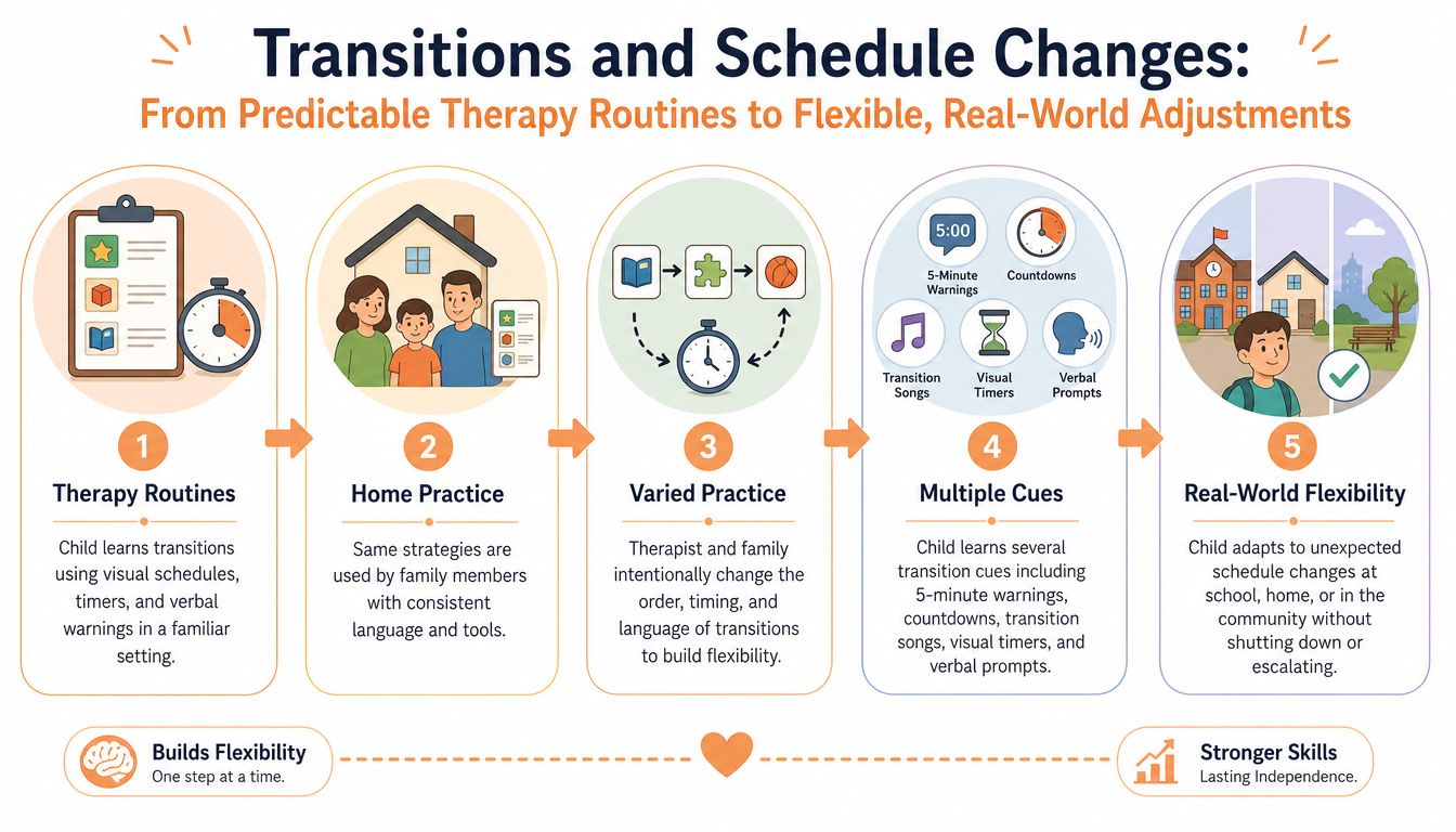 A five-step infographic showing how to transition children from therapy routines to real-world flexibility and independence.
