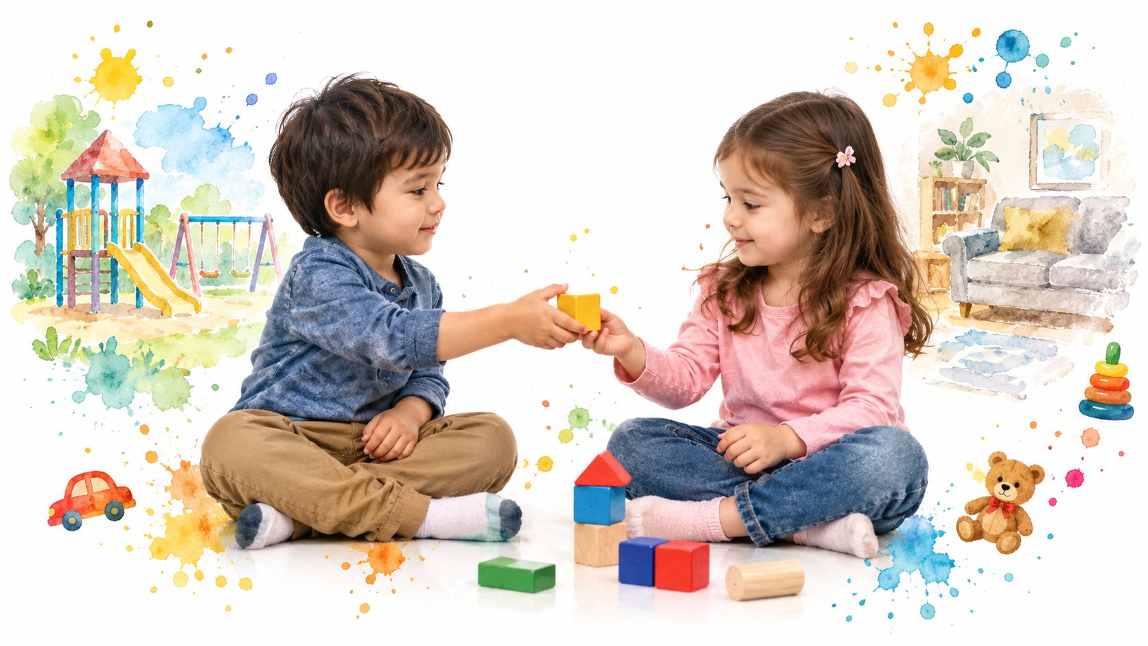 A young boy and girl sitting on the floor together playing with colorful wooden building blocks.