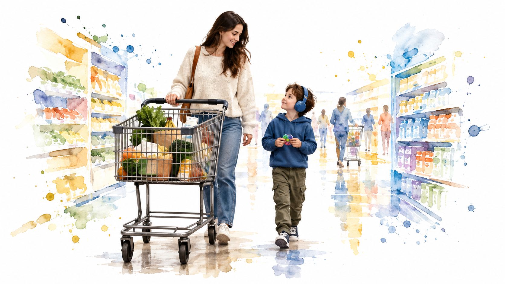 A mother and her young son walking through a supermarket aisle with a shopping cart.