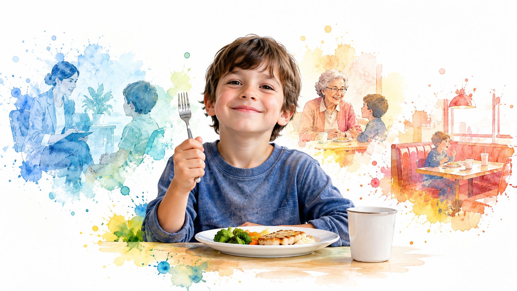 A happy young boy sitting at a table with food, surrounded by watercolor scenes of social interactions.