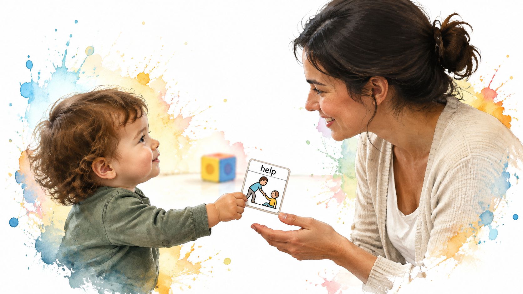 A caring mother and her young child interacting with an educational picture card labeled with help.