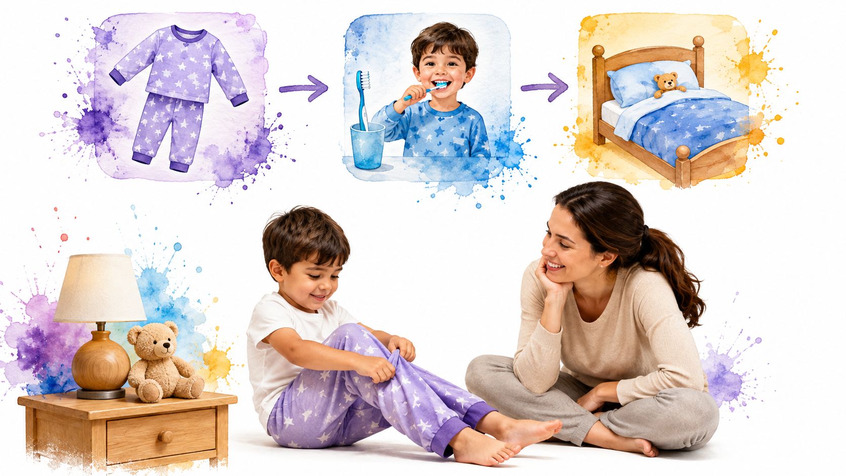 A mother watching her son putting on pajamas as part of a bedtime routine visual schedule.