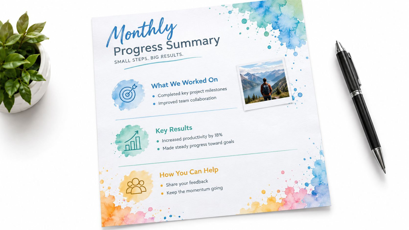 A monthly progress summary document with bullet points on milestones and results, placed on a desk.