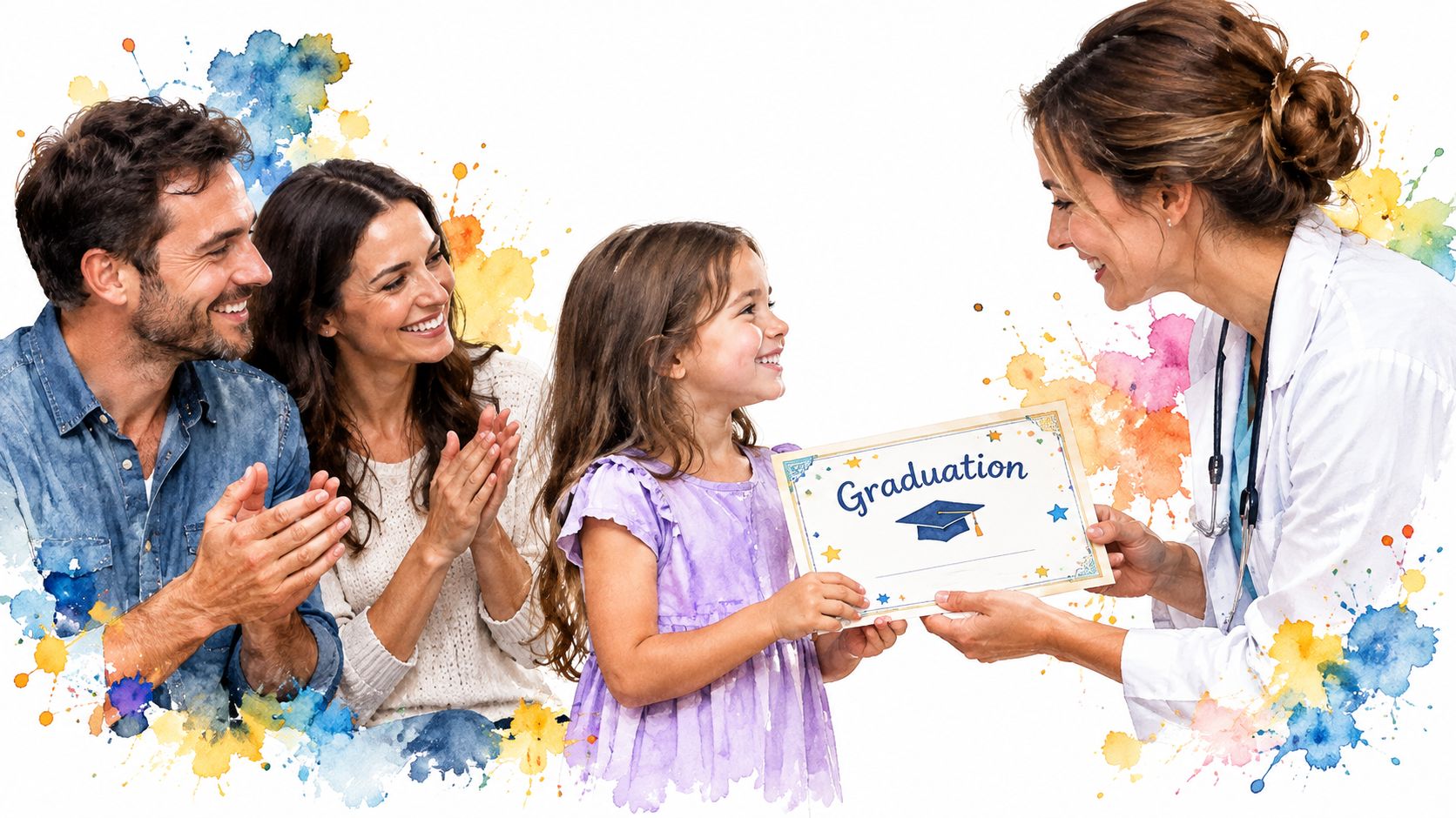 A young girl receives a graduation certificate from a doctor as her parents smile and clap in support.