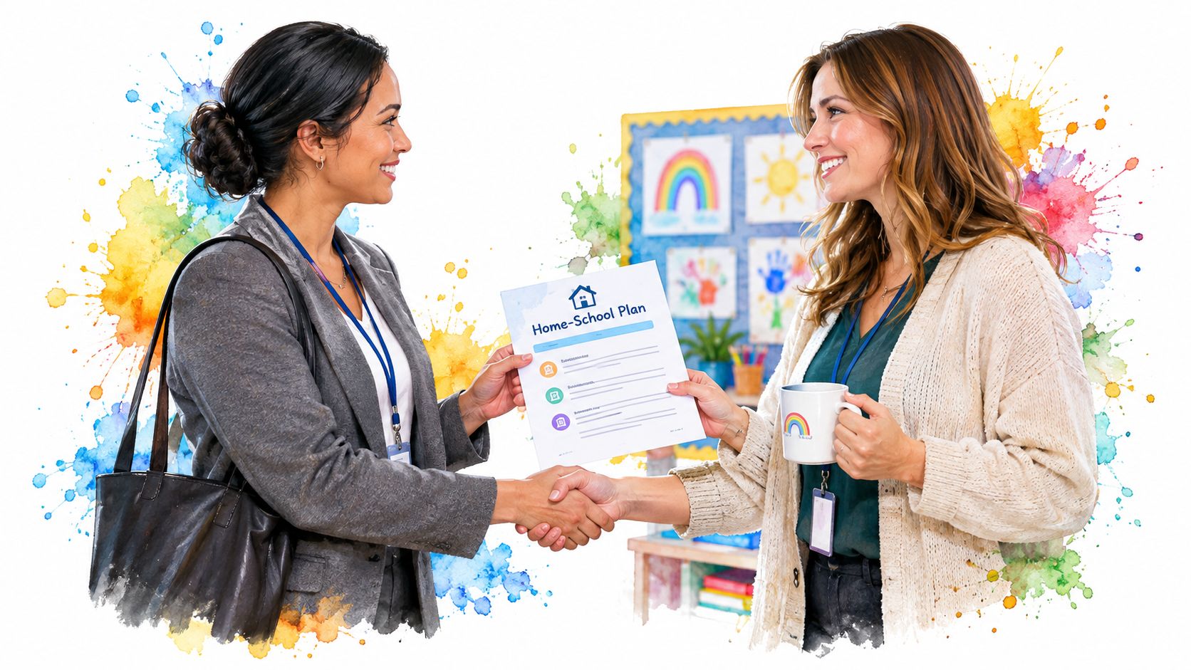 A teacher and a parent shaking hands while holding a home-school plan document in a classroom.