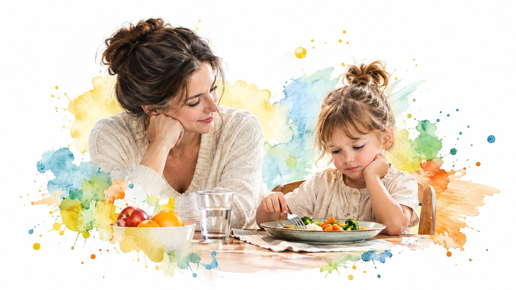 A mother lovingly watches her young daughter eat vegetables at a kitchen table with watercolor artistic accents.