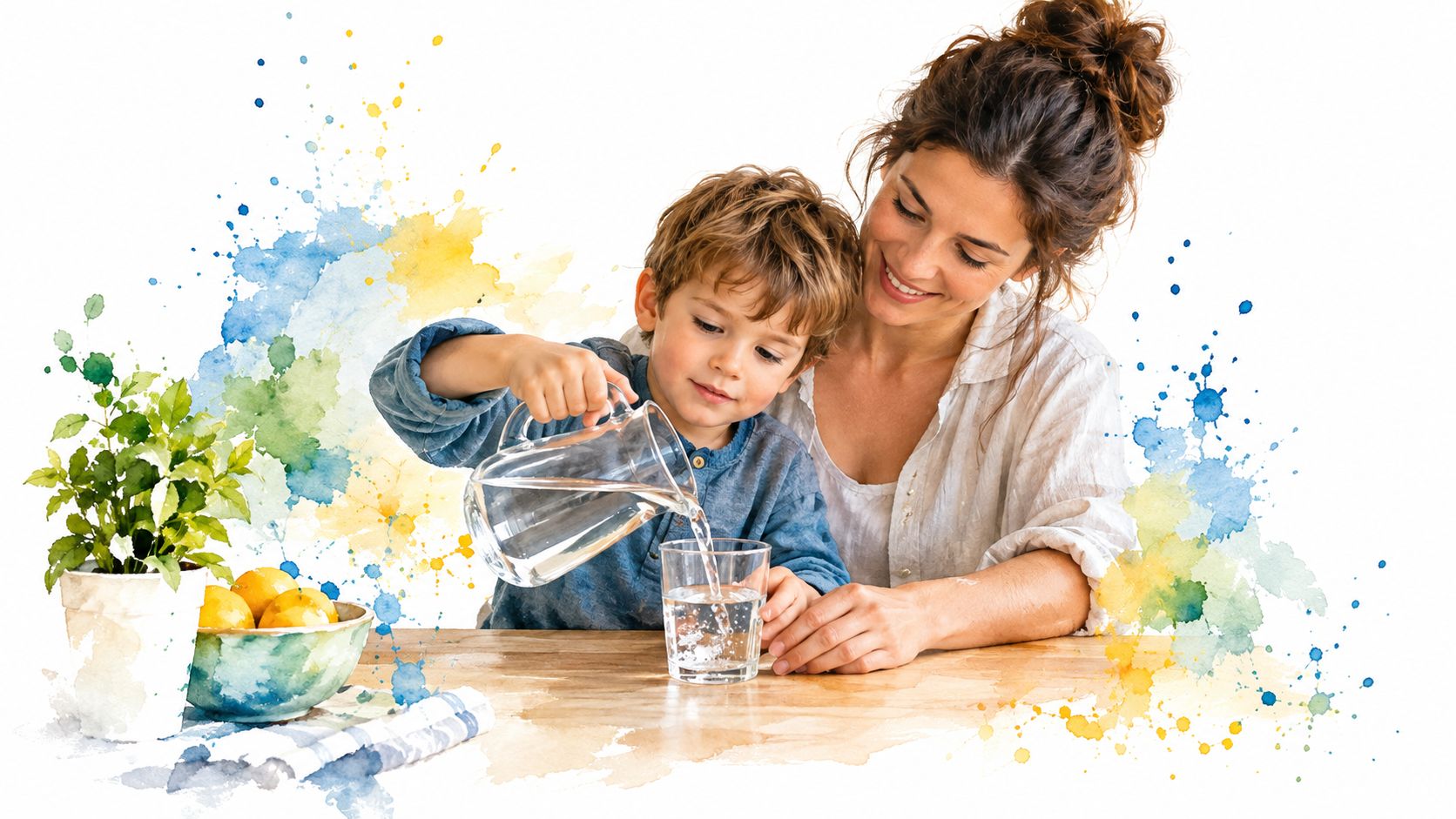 A nurturing mother watches as her young son carefully pours a glass of water at home.
