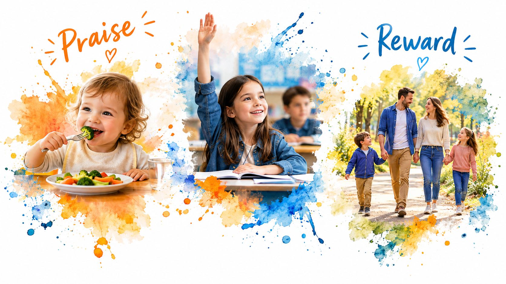 A collage representing positive reinforcement in childhood with scenes of healthy eating, classroom participation, and family bonding.
