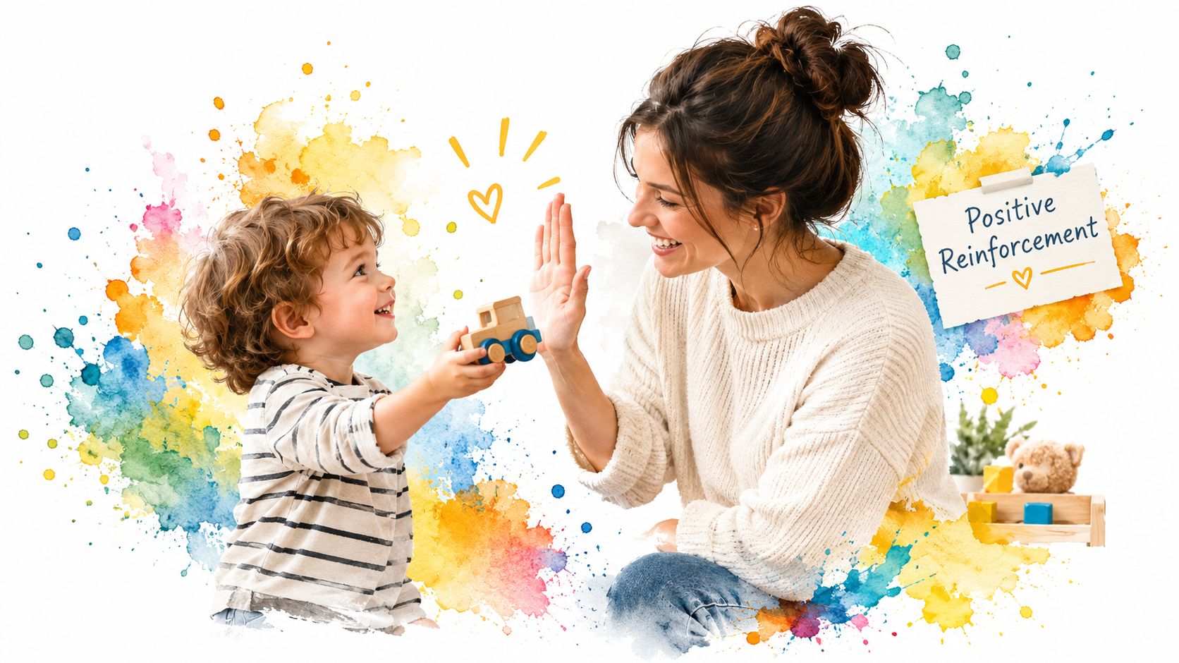 A happy child and a woman sharing a high five while playing with a wooden toy car.