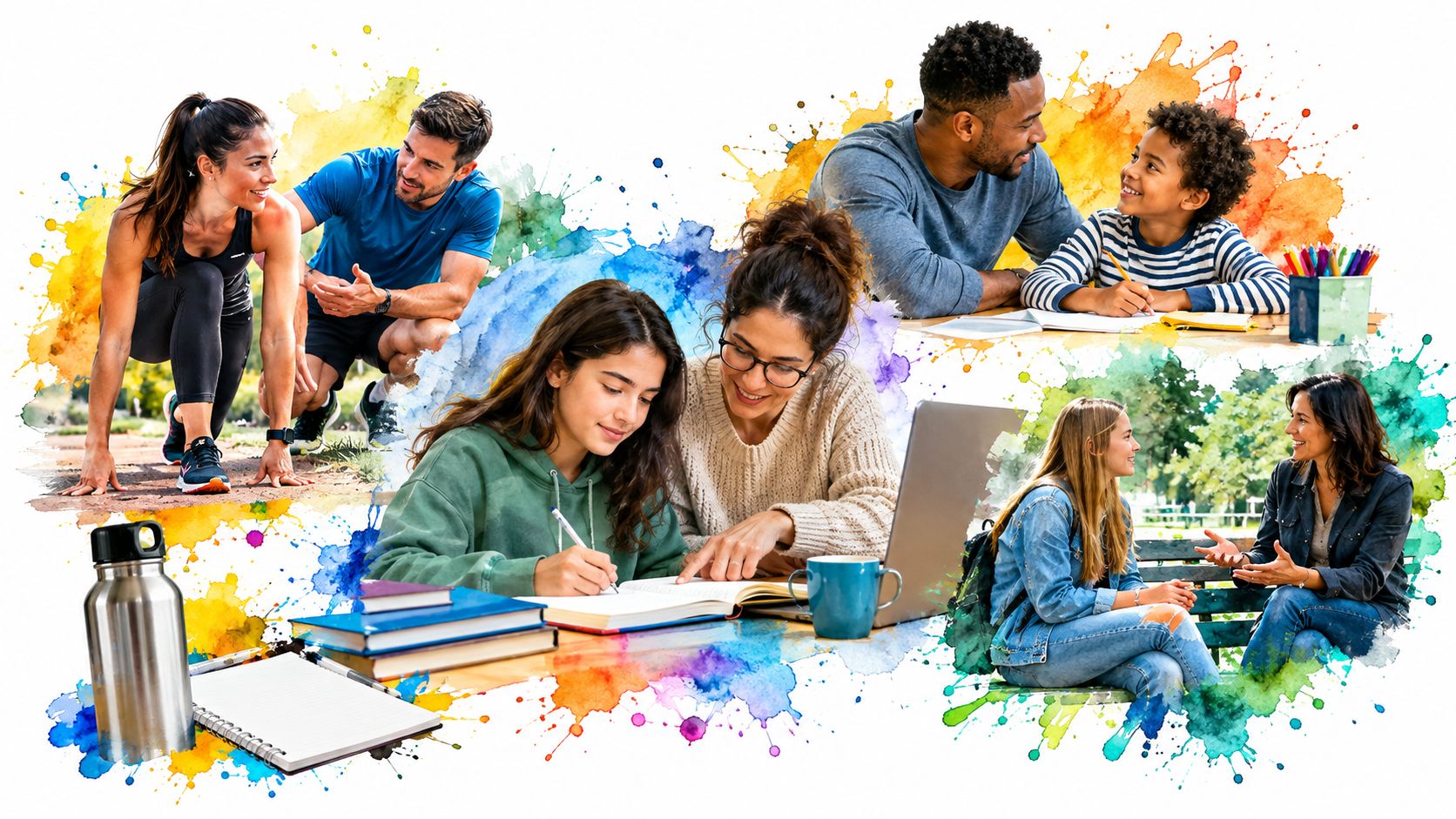 A collage showing parents coaching and supporting their children with athletic training, school homework, and outdoor discussions.