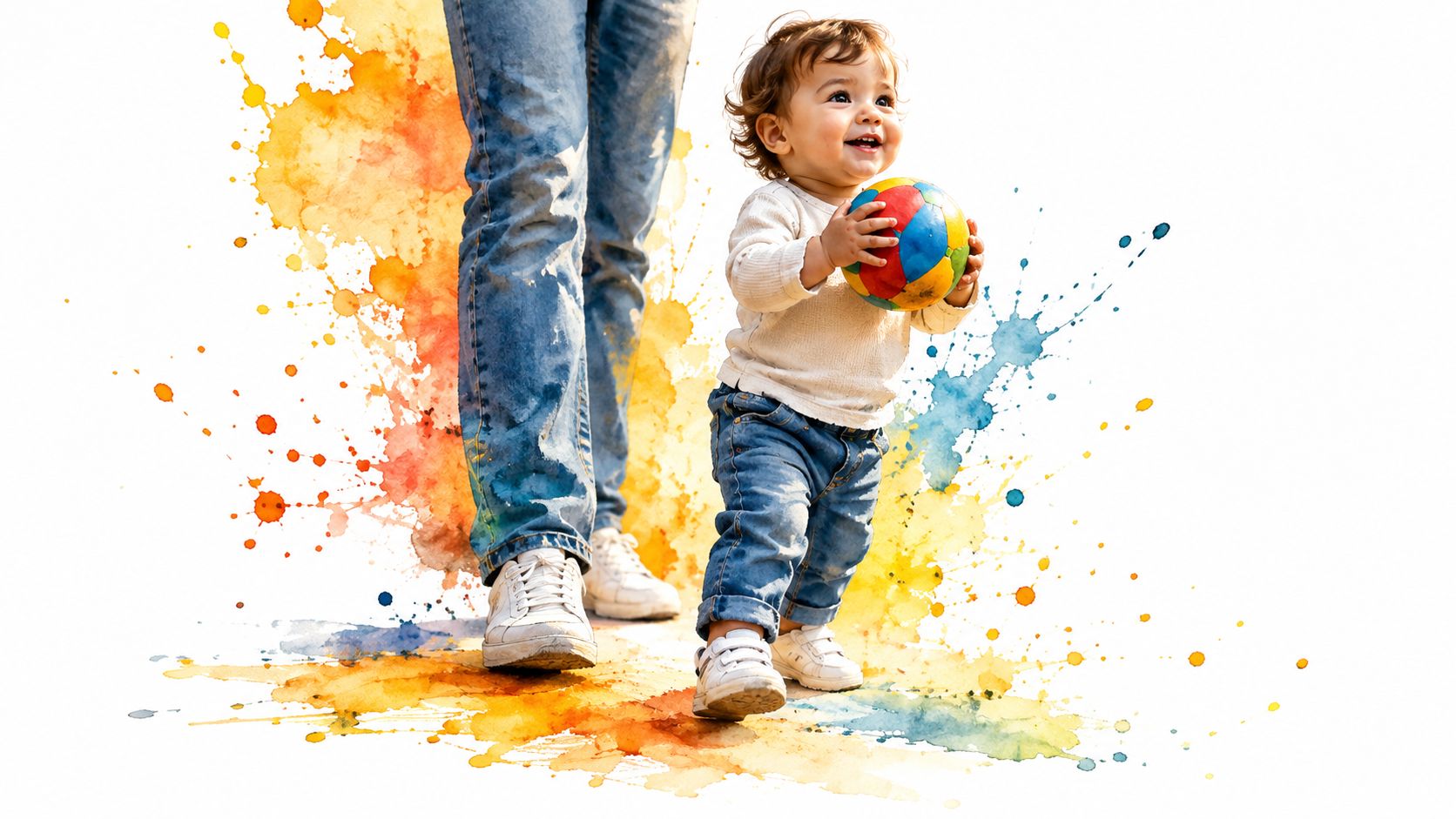 A happy toddler walking next to an adult, holding a colorful toy ball with watercolor paint splashes.
