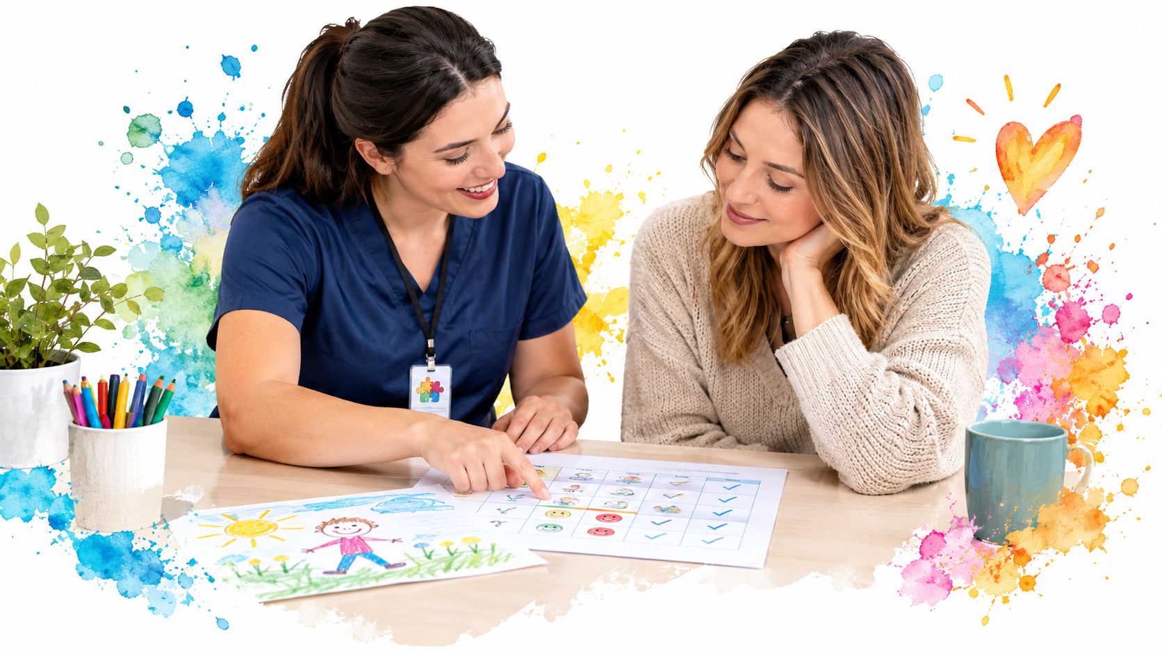 A professional therapist reviews a behavioral chart with a woman during a therapy session with a drawing.